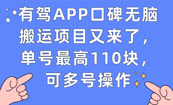 有驾APP口碑无脑搬运项目又来了，单号最高110块，可多号操作凯哥轻创网-网创项目资源站-副业项目-创业项目-搞钱项目凯哥轻创网