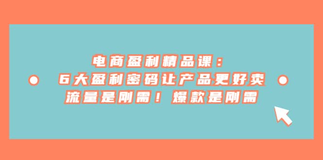 电商 盈利精品课：6大盈利 密码让产品更好卖，流量是刚需！爆款是刚需凯哥轻创网-网创项目资源站-副业项目-创业项目-搞钱项目凯哥轻创网