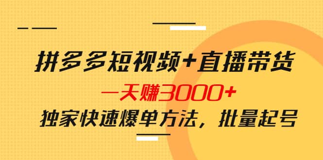 拼多多短视频+直播带货，一天赚3000+独家快速爆单方法，批量起号凯哥轻创网-网创项目资源站-副业项目-创业项目-搞钱项目凯哥轻创网