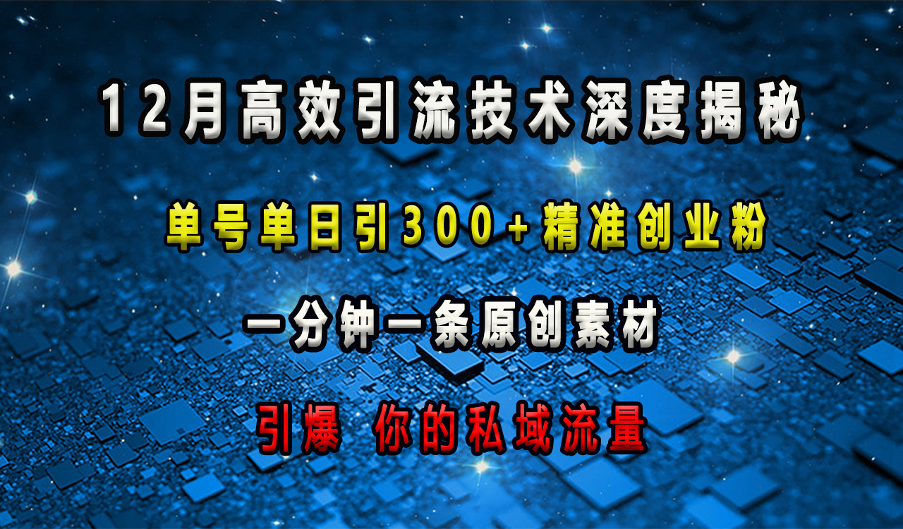 12月高效引流技术深度揭秘 ，单号单日引300+精准创业粉，一分钟一条原创素材，引爆你的私域流量凯哥轻创网-网创项目资源站-副业项目-创业项目-搞钱项目凯哥轻创网
