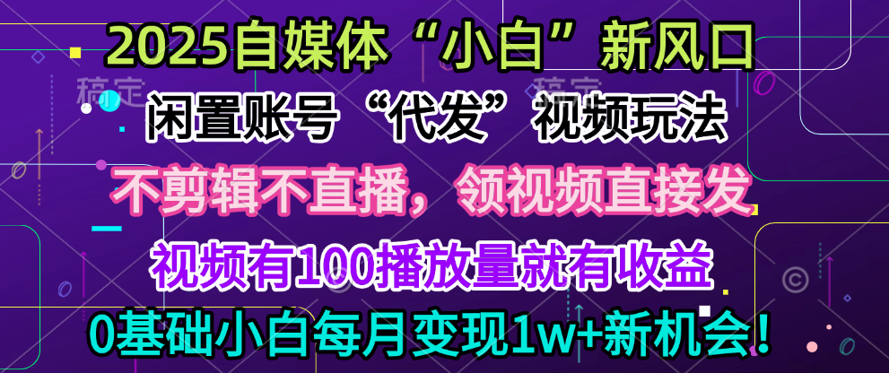 2025每月躺赚5w+新机会，闲置视频账号一键代发玩法，0粉不实名不剪辑，领了视频直接发，0基础小白也能日入300+凯哥轻创网-网创项目资源站-副业项目-创业项目-搞钱项目凯哥轻创网