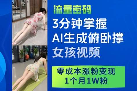 3分钟掌握AI生成俯卧撑女孩视频，零成本涨粉变现，1个月1W粉凯哥轻创网-网创项目资源站-副业项目-创业项目-搞钱项目凯哥轻创网