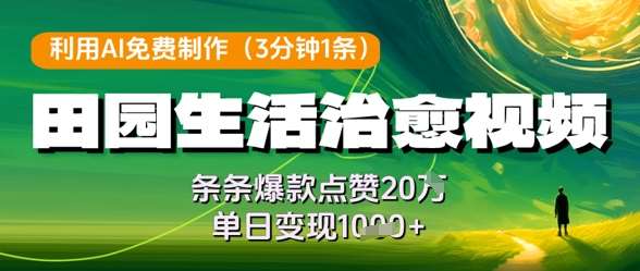 利用AI免费制作田园生活治愈视频，条条爆款点赞20W，单日变现几张凯哥轻创网-网创项目资源站-副业项目-创业项目-搞钱项目凯哥轻创网