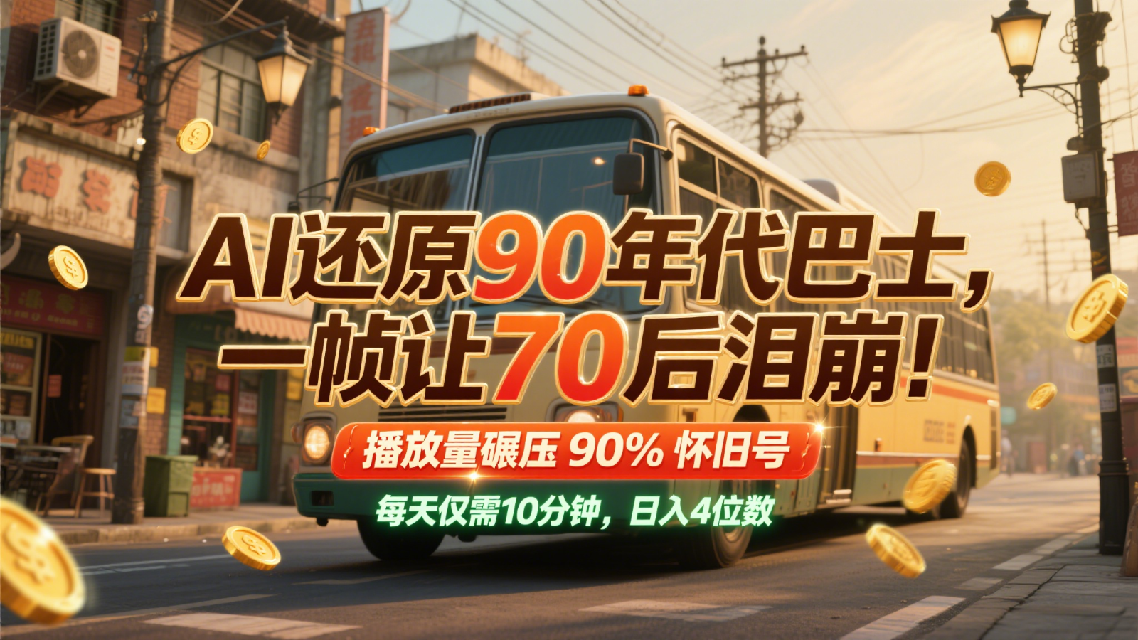 AI还原90年代巴士，一帧让70后泪崩！播放量碾压90%怀旧号，每天10分钟，日入4位数凯哥轻创网-网创项目资源站-副业项目-创业项目-搞钱项目凯哥轻创网