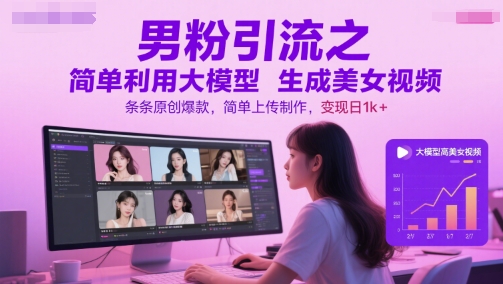 男粉引流之简单利用大模型生成美女视频，条条原创爆款，简单上传制作，变现日1k+凯哥轻创网-网创项目资源站-副业项目-创业项目-搞钱项目凯哥轻创网