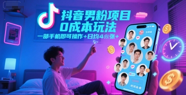 抖音男粉项目0成本玩法，一部手机即可操作，日均4张+，时间自由凯哥轻创网-网创项目资源站-副业项目-创业项目-搞钱项目凯哥轻创网