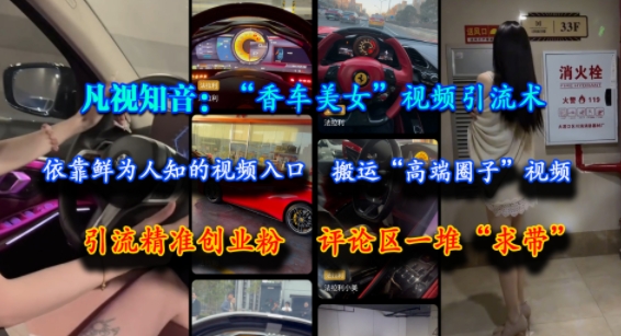凡视知音：“香车美女”视频引流术，依靠鲜为人知的视频入口，搬运“高端圈子”视频，引流精准创业粉，评论区一堆“求带”凯哥轻创网-网创项目资源站-副业项目-创业项目-搞钱项目凯哥轻创网