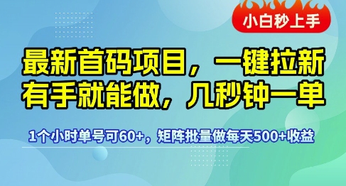 最新首码项目，一键拉新有手就能做，几秒钟一单，1个小时单号可60+，矩阵批量做每天5张【揭秘】凯哥轻创网-网创项目资源站-副业项目-创业项目-搞钱项目凯哥轻创网