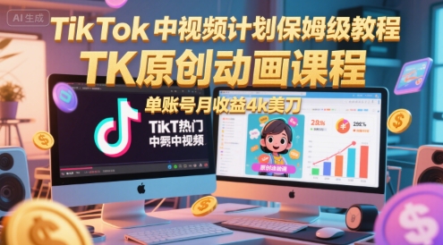 TikTok中视频计划保姆级教程，TK原创动画课程，单账号月收益4k美刀凯哥轻创网-网创项目资源站-副业项目-创业项目-搞钱项目凯哥轻创网
