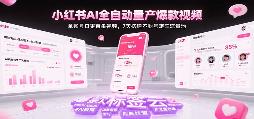 小红书AI全自动量产爆款视频，单账号日更百条视频，7天搭建不封号矩阵流量池凯哥轻创网-网创项目资源站-副业项目-创业项目-搞钱项目凯哥轻创网