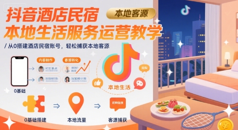 抖音酒店民宿本地生活服务运营教学，从0搭建酒店民宿账号，轻松捕获本地客源凯哥轻创网-网创项目资源站-副业项目-创业项目-搞钱项目凯哥轻创网