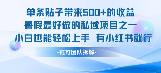 单条贴子带来5张的收益，暑假最好做的私域项目之一，小白也能轻松上手，有小红书就行凯哥轻创网-网创项目资源站-副业项目-创业项目-搞钱项目凯哥轻创网