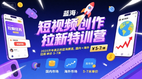 短视频创作拉新特训营，2025开年真正的蓝海赛道，国内+海外，拉新单价5-7米凯哥轻创网-网创项目资源站-副业项目-创业项目-搞钱项目凯哥轻创网