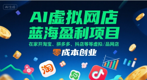 AI虚拟网店蓝海盈利项目，在家开淘宝、拼多多、抖店等虚拟品网店，零成本创业凯哥轻创网-网创项目资源站-副业项目-创业项目-搞钱项目凯哥轻创网
