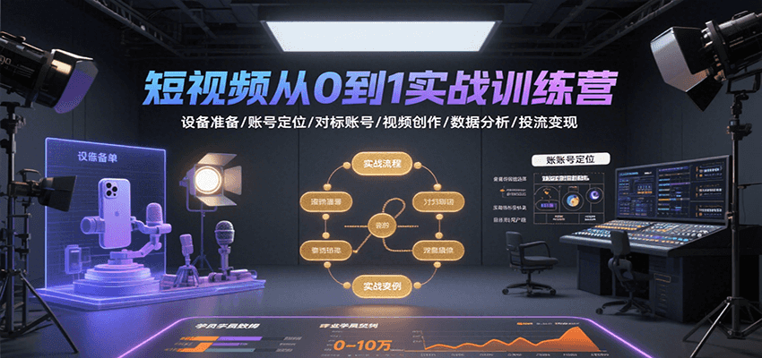 短视频从0到1实战训练营：设备准备/账号定位/对标账号/视频创作/数据分析/投流变现凯哥轻创网-网创项目资源站-副业项目-创业项目-搞钱项目凯哥轻创网