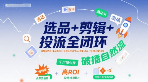 选品+剪辑+投流全闭环，破播自然流+撬动高ROI，手把手打通“选品-剪辑-测品-千川随心推”全链凯哥轻创网-网创项目资源站-副业项目-创业项目-搞钱项目凯哥轻创网