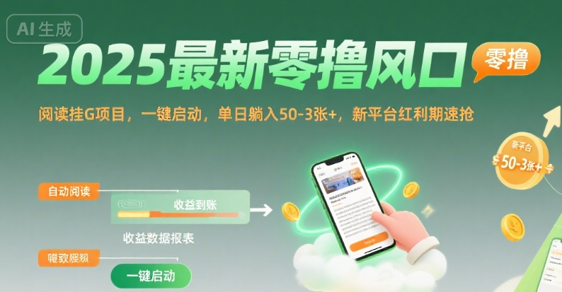 2025最新零撸风口，阅读挂G项目，一键启动，单日躺入 50-3张+，新平台红利期速抢【揭秘】凯哥轻创网-网创项目资源站-副业项目-创业项目-搞钱项目凯哥轻创网