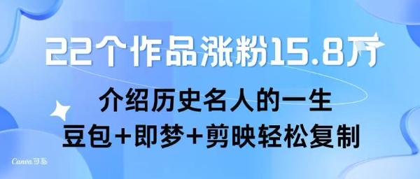 22个作品涨粉15.8W ，介绍历史名人的一生 ， 豆包+即梦+剪映轻松复制凯哥轻创网-网创项目资源站-副业项目-创业项目-搞钱项目凯哥轻创网