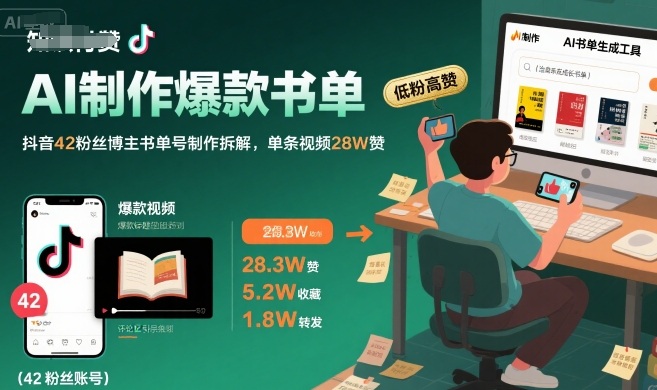 AI制作爆款书单，抖音42粉丝博主书单号制作拆解，单条视频28W赞凯哥轻创网-网创项目资源站-副业项目-创业项目-搞钱项目凯哥轻创网