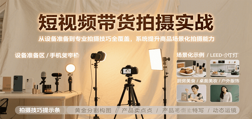短视频带货拍摄实战，从设备准备到专业拍摄技巧全覆盖，系统提升商品场景化拍摄能力凯哥轻创网-网创项目资源站-副业项目-创业项目-搞钱项目凯哥轻创网