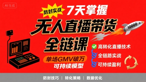 无人直播带货全链防封实战课，7天掌握高转化直播技术，实现单场GMV破万可持续模型凯哥轻创网-网创项目资源站-副业项目-创业项目-搞钱项目凯哥轻创网