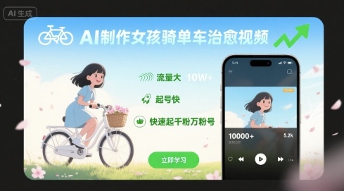 AI制作女孩骑单车治愈视频，流量大，起号快，快速起千粉万粉号凯哥轻创网-轻创网-创业网-网创项目资源站-副业项目-创业项目-搞钱项目凯哥轻创网
