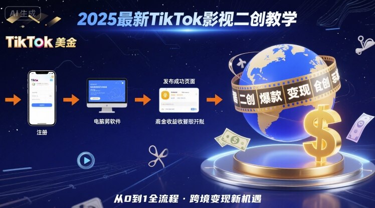 2025年最新TikTok影视二创教学，从注册到发布撸美金全流程，跨境变现新机遇凯哥轻创网-轻创网-创业网-网创项目资源站-副业项目-创业项目-搞钱项目凯哥轻创网