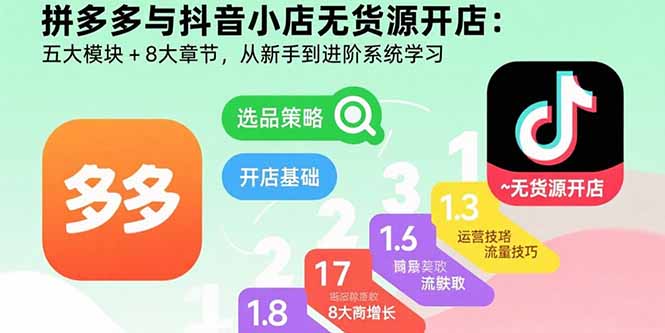 （15805期）拼多多与抖音小店无货源开店：五大模块+8大章节，从新手到进阶系统学习凯哥轻创网-轻创网-创业网-网创项目资源站-副业项目-创业项目-搞钱项目凯哥轻创网