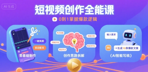 短视频创作课，短视频制作、创作思路、Ai写爆款文案凯哥轻创网-网创项目资源站-副业项目-创业项目-搞钱项目凯哥轻创网