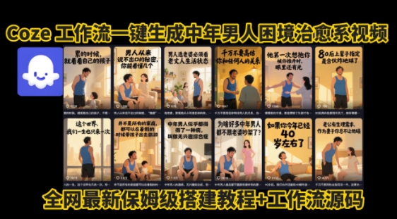 coze工作流一键生成”中年男人困境扎心高涨粉高播放量图文视频”保姆级拆解教程，无需剪辑，无需拍摄写文案凯哥轻创网-网创项目资源站-副业项目-创业项目-搞钱项目凯哥轻创网