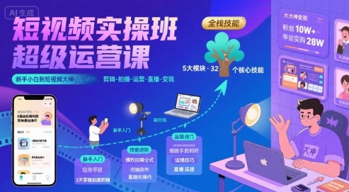 短视频实操班超级运营课，新手小白到短视频大神必修课程，剪辑-拍摄-运营-直播-变现凯哥轻创网-轻创网-创业网-网创项目资源站-副业项目-创业项目-搞钱项目凯哥轻创网