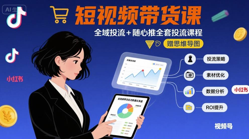 最新短视频带货课，全域投流+随心推全套投流课程+思维导图凯哥轻创网-轻创网-创业网-网创项目资源站-副业项目-创业项目-搞钱项目凯哥轻创网