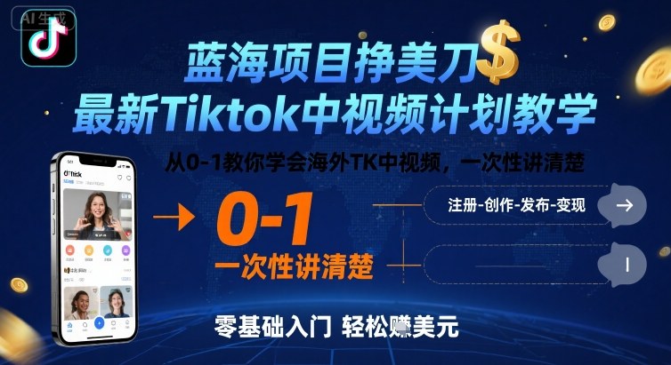 蓝海项目挣美刀，最新Tiktok中视频计划教学，从0-1教你学会海外TK中视频，一次性讲清楚凯哥轻创网-轻创网-创业网-网创项目资源站-副业项目-创业项目-搞钱项目凯哥轻创网