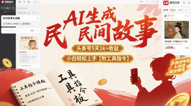 AI生成民间故事，头条号5天1k+，小白轻松上手【附工具指令】凯哥轻创网-轻创网-创业网-网创项目资源站-副业项目-创业项目-搞钱项目凯哥轻创网