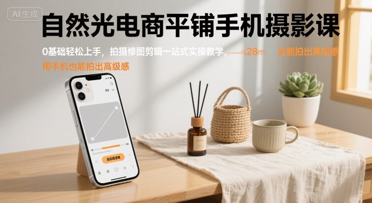 自然光电商平铺手机摄影课，0基础轻松上手，拍摄修图剪辑一站式实操教学，用手机也能拍出高级感凯哥轻创网-轻创网-创业网-网创项目资源站-副业项目-创业项目-搞钱项目凯哥轻创网