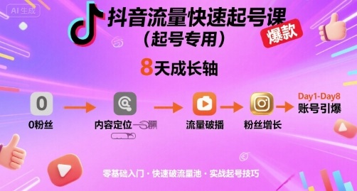 抖音流量快速起号课（起号专用），8天带你做爆自己的账号凯哥轻创网-轻创网-创业网-网创项目资源站-副业项目-创业项目-搞钱项目凯哥轻创网