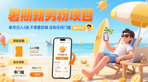 暑期新男粉项目 单号日入5张 不需要剪辑  没有任何门槛凯哥轻创网-网创项目资源站-副业项目-创业项目-搞钱项目凯哥轻创网