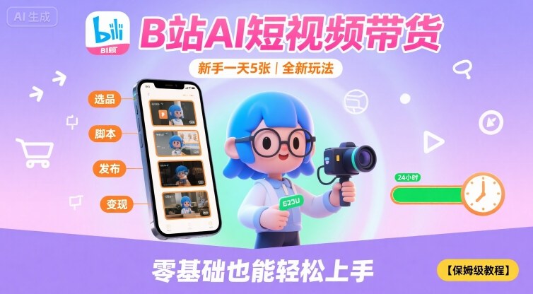 B站AI短视频带货，新手一天5张，全新玩法【保姆级教程】凯哥轻创网-轻创网-创业网-网创项目资源站-副业项目-创业项目-搞钱项目凯哥轻创网