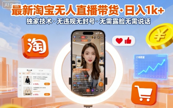 最新淘宝无人直播带货，日入1k+，独家技术，无违规无封号，无需露脸无需说话【揭秘】凯哥轻创网-轻创网-创业网-网创项目资源站-副业项目-创业项目-搞钱项目凯哥轻创网