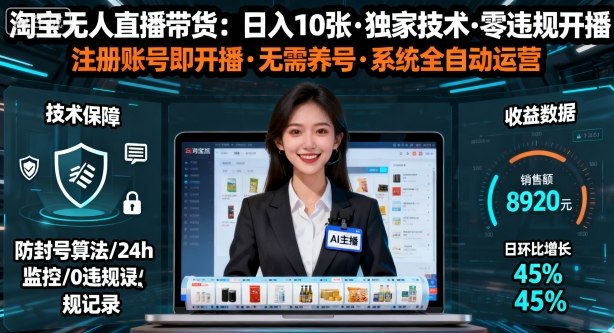 【最新】淘宝无人直播带货，日入10张，独家技术，无违规无封号，注册账号直接开播，不用养号【揭秘】凯哥轻创网-轻创网-创业网-网创项目资源站-副业项目-创业项目-搞钱项目凯哥轻创网