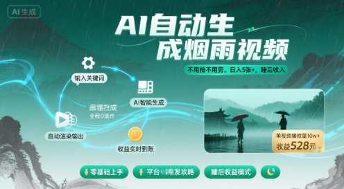 不用拍不用剪！AI自动生成烟雨视频，日入5张+，睡后收入凯哥轻创网-轻创网-创业网-网创项目资源站-副业项目-创业项目-搞钱项目凯哥轻创网