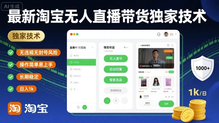 最新淘宝无人直播带货独家技术，无违规无封号风险，操作简单易上手，长期稳定日入1k【揭秘】凯哥轻创网-轻创网-创业网-网创项目资源站-副业项目-创业项目-搞钱项目凯哥轻创网