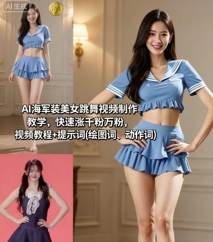 AI海军装美女跳舞视频制作教学，快速涨千粉万粉，视频教程+提示词(绘图词、动作词)凯哥轻创网-轻创网-创业网-网创项目资源站-副业项目-创业项目-搞钱项目凯哥轻创网