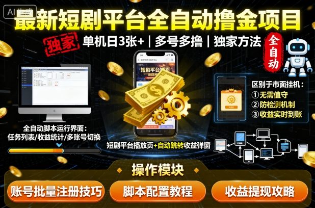 最新短剧平台全自动挂G撸金项目，单机一天3张+，多号多撸，区别于市面所有挂机项目，独家方法【揭秘】凯哥轻创网-轻创网-创业网-网创项目资源站-副业项目-创业项目-搞钱项目凯哥轻创网