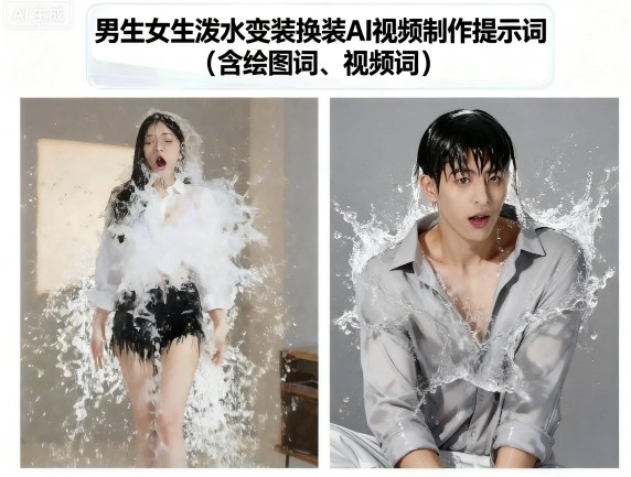 男生女生泼水变装换装AI视频制作提示词(含绘图词、视频词)凯哥轻创网-轻创网-创业网-网创项目资源站-副业项目-创业项目-搞钱项目凯哥轻创网