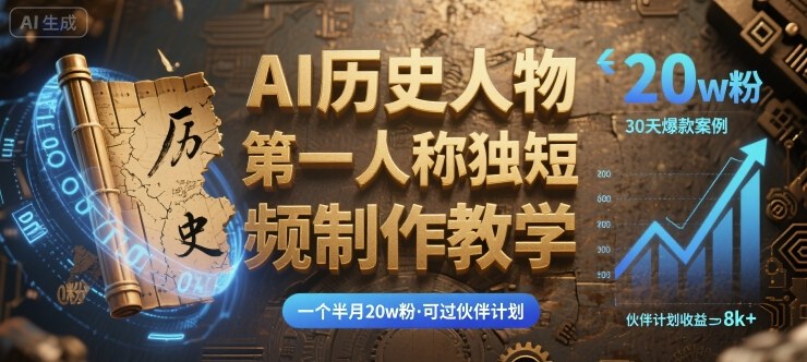 最新AI历史人物第一人称独白短视频制作教学，一个半月20w粉，可过伙伴计划凯哥轻创网-轻创网-创业网-网创项目资源站-副业项目-创业项目-搞钱项目凯哥轻创网