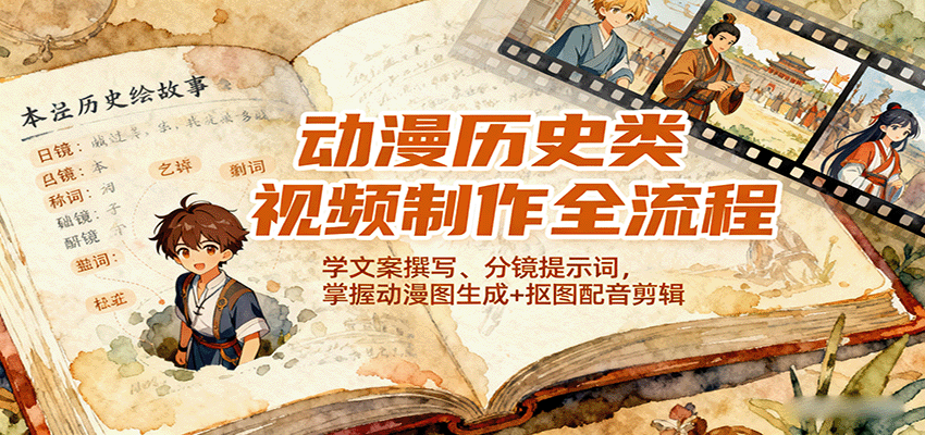 动漫历史类视频制作全流程，学文案撰写、分镜提示词，掌握动漫图生成+抠图配音剪辑凯哥轻创网-轻创网-创业网-网创项目资源站-副业项目-创业项目-搞钱项目凯哥轻创网
