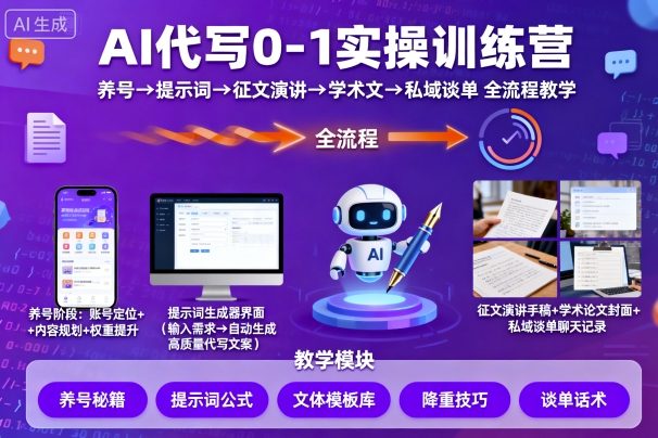 AI代写0-1实操训练营，从养号、提示词、征文演讲、学术文，到私域谈单的全流程教学凯哥轻创网-轻创网-创业网-网创项目资源站-副业项目-创业项目-搞钱项目凯哥轻创网
