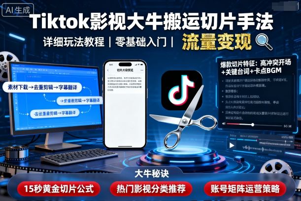 Tiktok影视大牛搬运切片手法，详细玩法教程凯哥轻创网-轻创网-创业网-网创项目资源站-副业项目-创业项目-搞钱项目凯哥轻创网