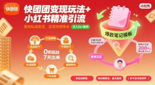 快团团变现玩法+小红书精准引流技巧，助你真正落地私域卖货，实现持续挣米凯哥轻创网-轻创网-创业网-网创项目资源站-副业项目-创业项目-搞钱项目凯哥轻创网